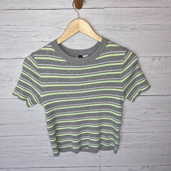 H&M Top Womens Size Medium Gray, White and Neon Yellow Divided Striped Ribbed - Picture 2 of 11